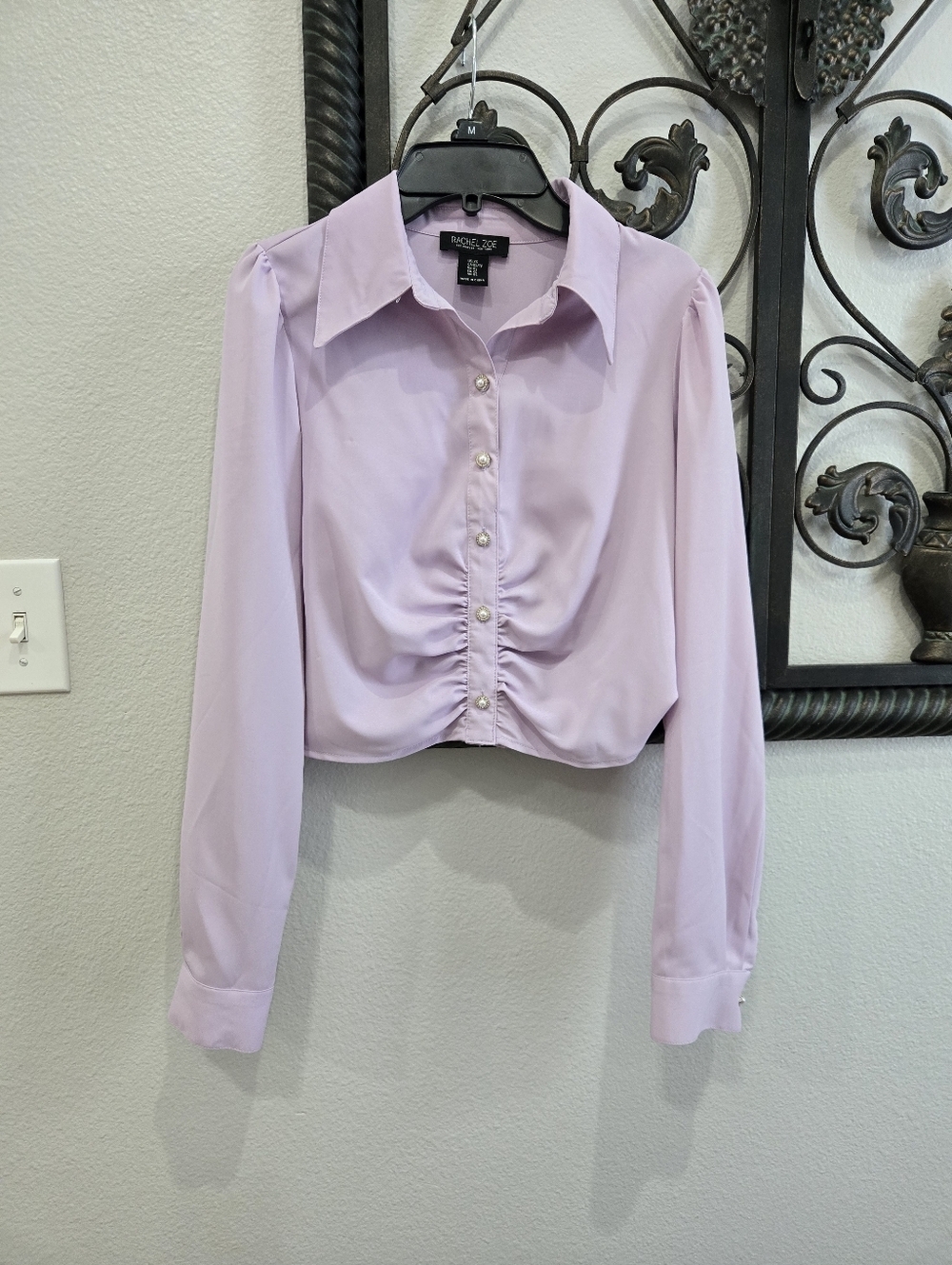 Rachel Zoe Lavender Ruched Front Pearl Button-Down Blouse